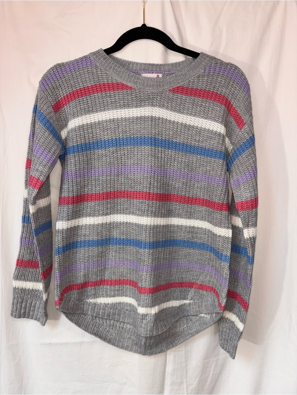 SO Gray Crewneck Sweater with Red, Blue, White and Purple Stripes
